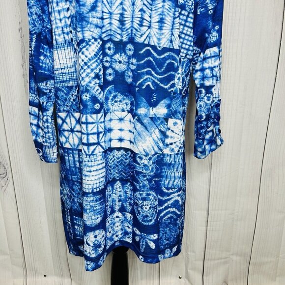 Tango Mango Blue Patterned 3/4 Sleeve V-Neck Tunic Blouse Women's Sz L India - Picture 11 of 11